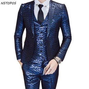 Luxus Barockanzug Gold Blue Tuxedo Jacke Weste Pant Rauchen Homme Kostüm Mariage Homme Party Hochzeitsbühne Kleidung 3xL326z