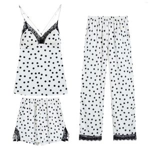 Women's Sleepwear 3PCS White Polka Dot Pajamas Sets Lady Lace Trim Nightdress Shorts Pyjamas Pant Suit Sexy Rayon Intimate Home Clothes