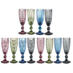 5.5oz Wine Glasses Cup Colored Glass Goblet Tumblers with Stem Vintage Pattern Embossed Romantic Beers Drinking Champagne Drinkware for Party Wedding Festival