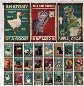 Black Cat Metal Poster My Lord Vintage Plaque Metal Signs Of A Goose Tin Signs Animals Sitting On Toilet Tin Plate for Bathroom Toilet Wall Decor 30X20CM w01