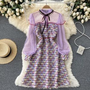 Casual Dresses Banulin 2023 Autumn Women Fashion Plaid broderi klänning långärmad underbar ruffles dot spetsbanan parti midi