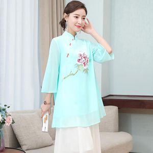 Ethnic Clothing National Style Print Women Blouse Chinese Vintage Traditional Hanfu Tops Spring Summer Elegant Loose Female Shirt