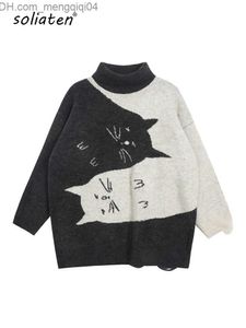 Kobiety Sweters Kobiety Ultrafine Knitte Jesień i Zimowy Turtle Neck Site Cat Print Knitted Women's Warm Sweater C-062 Z230811