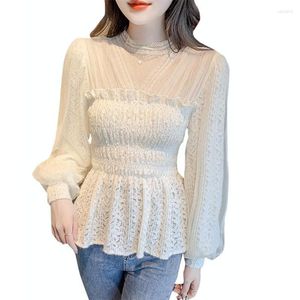 Kvinnors blusar Fashionwomen Long Sleeve Blue Elegant Lady O-hals Lace Blousas Sweety Girl Hollow Out Shirt Bottings Pullovers WZ2263