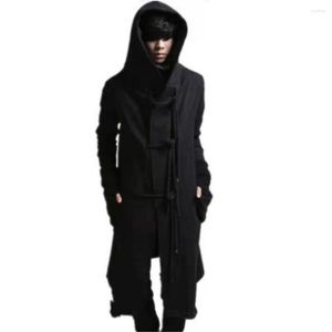 Herrgravrockar Autumn Winter Men Punk Hip Hop Slim Fit Long Coat Hooded Cloak Cardigan Mens Linen Rope Design gotiska jackor ytterkläder