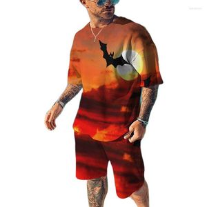 Herrspår 2023 Spring Summer Men Colorful Round Neck Kort ärm T-shirt Shorts Pumpkin Devil Fun Pattern 3D Print Fashion Set