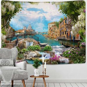 Tapisserier Färgglada naturliga landskap Flower Garden Stor tryckt Tapestry Wall Hanging Tapestries Estetic Home Decor