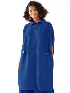 Casual Dresses Miyake Pleated Two Piece Set Women 2023 Royal Blue Button Lapel Dress Abaya Designer Fashion Loose Plus Size Clothes