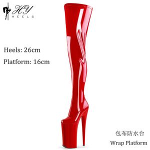 Yuvarlak başlı kırmızı seksi patent deri botlar, 26cm, büyük boyutlu çapraz giyinme, moda şovu, süper yüksek topuklu ayakkabılar, su geçirmez platform, kadınlar için diz botları 230811