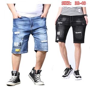 Herr jeans män sommarshorts rippade nödställda plus storlek 40 42 44 46 48 svart denim kort sträckte lösa hål pojkar man kläder