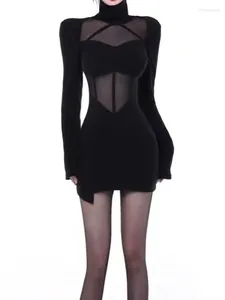 Sıradan Elbiseler Qweek Seksi Siyah Mesh Mini Elbise Kadınlar Bodycon Wrap İnce Kısa Parti Gece Kulübü Seks Kıyafetleri 2023 Şık bas