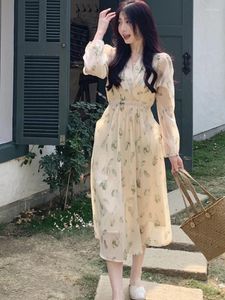 Casual Dresses French Vintage Floral Print Beach Dress Autumn Evening Party Prom Long Lace Vestido Korean One Piece Summer Chiffon kläder