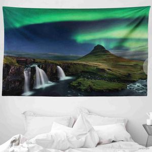 Arazzi Northern Lights Abete Waterfall Night Polar Night Starry Sky Picnic Tappetino asciugamano da letto Dorma da letto da letto da letto da letto da letto R230811