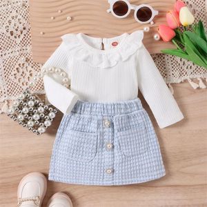 Zestawy odzieży Słuchaj Intend 0-2y Baby Girl Fall Stroje Rib Knit Doll kołnierz Długie rękawy Buttons Rompers Plaid Skirty 2pcs Zestaw ubrania