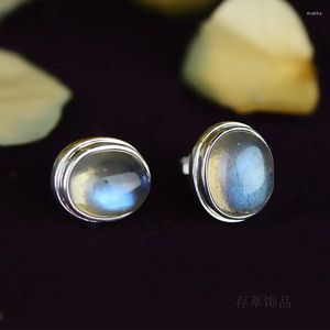 Stud Earrings S925 Sterling Silver India Nepal Manual Mosaic Moonlight Labradorite Blu-Ray Egg-Shaped Ellipse