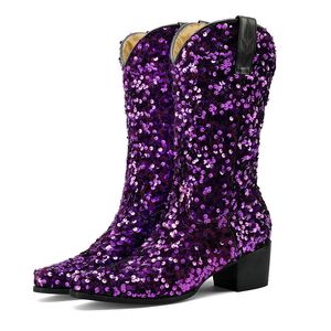 Boots Sequins Cloth Bling Pink Blue Purple Shiny Women Shoes Winter Party Dance Slip-on Mid-calf Boots Chunky Heels Boot Gold 230811