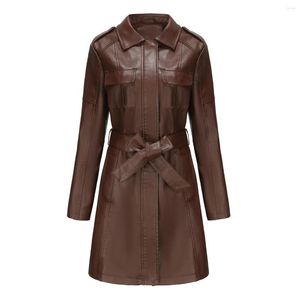 Women's Leather Long Jacket Woman 2023 Faux Trench Women With Belt Spring Autumn Windbreaker Outerwear Coat Female Black Red Brown