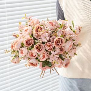 Dekorativa blommor 1 bukett konstgjord hortensia pion retro silke rose vintage falsk granatäpple blomma hem bröllop dekoration