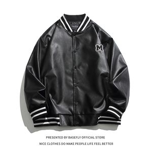 Mensjackor Spring Autumn Pu Leather Motorcykeljacka Letter M Embroid Unisex Baseball Bomber Coat Varsity Women Oversize 230810