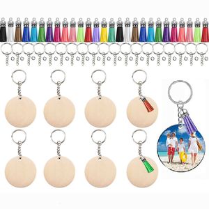 Keychains Lanyards 200pcs DIY Wood Keychains Blanks Tassel Charms Set Round Rectangle Wooden Ornaments Blank Key Rings Keychain Tassels Jump Rings 230810