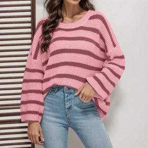 Kobiety swetry jesienne moda w paski kolorowe blokowanie swetra pullover luźne komfortowe rękaw casualny okrąg