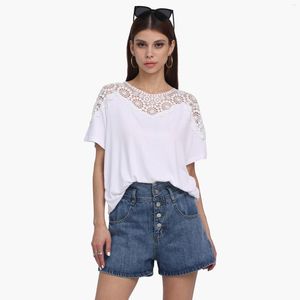 Women's T Shirts Women Floral Lace Hollow Out Loose T-shirt Summer Solid Fashion Knitted Casual O-Neck Tees Elastic Ladies Street Tops