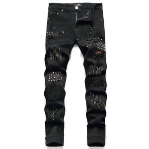 Mens jeans Distressed Motorcycle biker jean graffiti Rock Skinny Slim Ripped hole letter printing Denim pants jeans259y