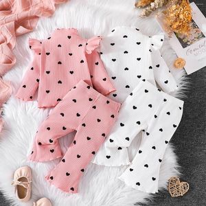 Clothing Sets Pudcoco Toddler Baby Girls 2 Piece Outfits Heart Print Ribbed Long Sleeve Tops And Elastic Flare Pants Set Cute Clothes 3-24M