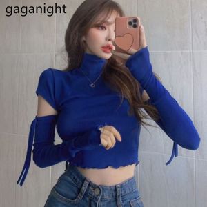 Women's Blouses Shirts Gaganight Women Turtleneck Sexy Slit Hollow Tie T shirt Spring Korean Long sleeved Tight fitting Short Tees Female Tops 230810