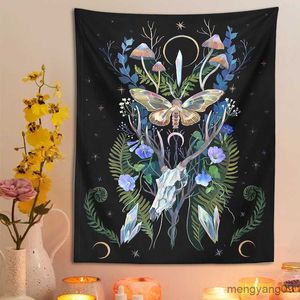 Tapestries Deer Skull Tapestry Wall Hanging moon Moth Plant Flower Room Home Decor Wall R230812