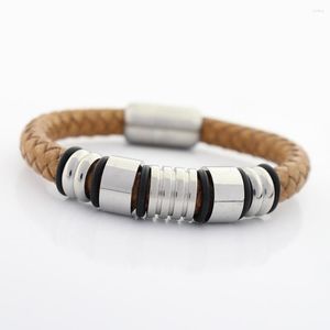 Charm Bracelets Men Wristband 8MM Genuine Braided Leather Bracelet 316 Stainless Steel Charms Big Hole Bead With Magnet Clasp