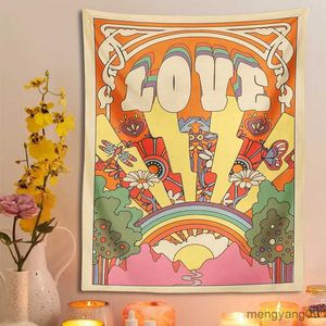 Wandteppiche Retro -Wandteppich Liebe Sonne Regenbogen Wandkunst bedruckte Pflanze Blume Hippie Wand Wohnzimmer Schlafzimmer Wohnkultur R230812