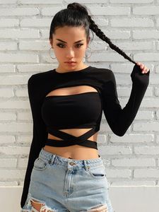 Kvinnors T-skjortor Weiyao Sexig Criss-Cross Bandage Crop Top Black Skinny Long Sleeve Tees Femme Hollow Out Tshirt Goth Streetwear Tops