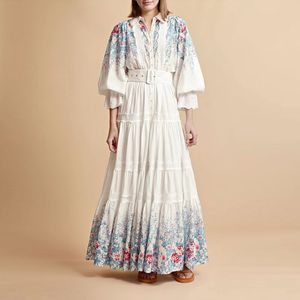 Avustralyalı Tasarımcı Elbise Beklenmiş Dantel Panel ve Bel Bandı Konumlandırma Baskı Büyük Salıncak Gömlek Tarzı Deniz Tatil Elbise Uzun Elbise