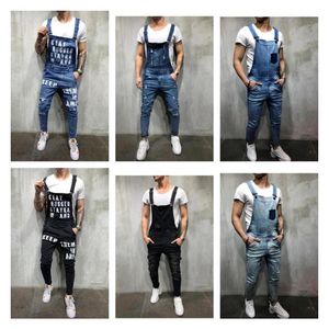 Mäns rippade jeans jumpsuits streetwear nödställda denim overaller för man suspender byxor storlek s-xxxl salopette uomo201t
