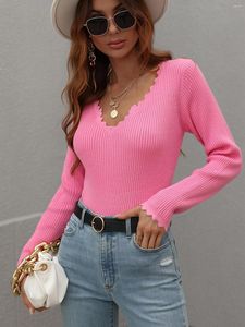 Kobiety Sweters Crop Komur Kobiet T-Shirt moda V Collar Bare Midriff Tops Tops Zbudowane dzianinowe elastyczne szczupłe koszulki Casual Solid Long