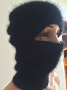 ベレー帽Fluffy Mink Cashmere Winter Ski Mask Balaclava Angora Knitted HAT男性または女性のためのスカーフネック