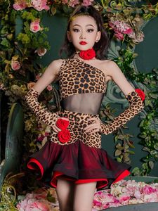 Stage Wear Girls Latin Dance Performance Costume Leopard Suit Kids Cha Rumba Samba Practice Clothes Competition Dress DNV18135