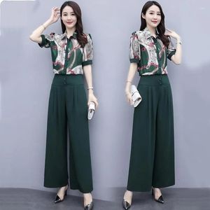 Women's Polos Single/Suit Fashion Ladies Chiffon Sets Women 2023 Summer Shorts Sleeve Shirt Wide-Leg Pants High-Waisted Two-Piece Suit