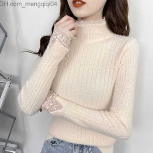 Kadın Sweaters Lucifer Yurböceği Dantel Yaması Çalışma Süveteri Kadınlar için 2022 Yeni Bahar Sıcak Çekme Kore Moda İnce Fit Alt Kusursuz Krem Z230811