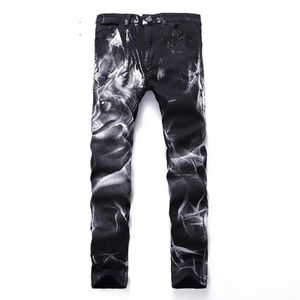 Gersri Men Jeans Patchwork Retro Pants Lion Mönster Cool Slim Classic Denim Personality Design Trousers Big Plus Size Men's2628