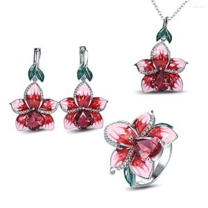 Necklace Earrings Set Women Fashion Jewelry Elegant Pink Peach Blossom Lotus Handmade Enamel Crystal Ring