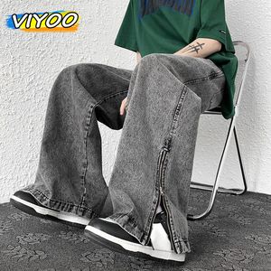 Męskie dżinsy Hig Street Y2K Odzież szerokie spodnie na nogi zamek błyskawiczny Rozkloszowany mapowanie technologii strespant streetwear 230810