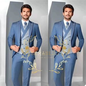 Abiti da uomo Blazer Ultimo design Blu Abiti da uomo per matrimonio Slim Fit Formale Sposo Abito da ballo Smoking Maschile 3 pezzi Blazer Set Giacca Pantalone 230810