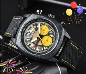 Hollow Skeleton Dial Watch Stopwatch Auto Date Fabric Belt Clock Högkvalitativ sport Japen Vk Quartz Chronograph Black Marble Pattern Case Men's Gifts Wristwatch