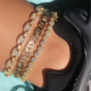 Неклеты, вызванные 5A кубической цирконии CZ Tennis Chain Chain Hip Hop Chain для Foot Women Summer Iced Out Anklet 230810