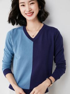 Kadın Sweaters 2023 İlkbahar ve Sonbahar Retro Renk Eşleşmesi V Yağlı Uzun Kollu İnce Yün Gevşek Bluz Kazak Ceket 60119