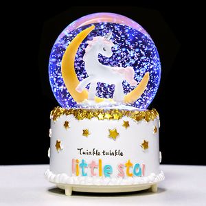 Decorative Objects Figurines A Variety of Unicorn Romantic Couple Luminous Crystal Ball Music Box 80 Snowflake Lights Decoration Birthday Gift Home 230810