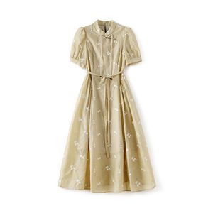 2023 Summer Yellow Contrast Color EmbroideryDress Short Sleeve Stand Collar Midi Casual Dresses W3Q014201