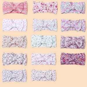 Hårtillbehör 2023 Floral Print Cable Knit Baby Bow pannband för Born Nylon Kids Girls Headwear Shower Gift